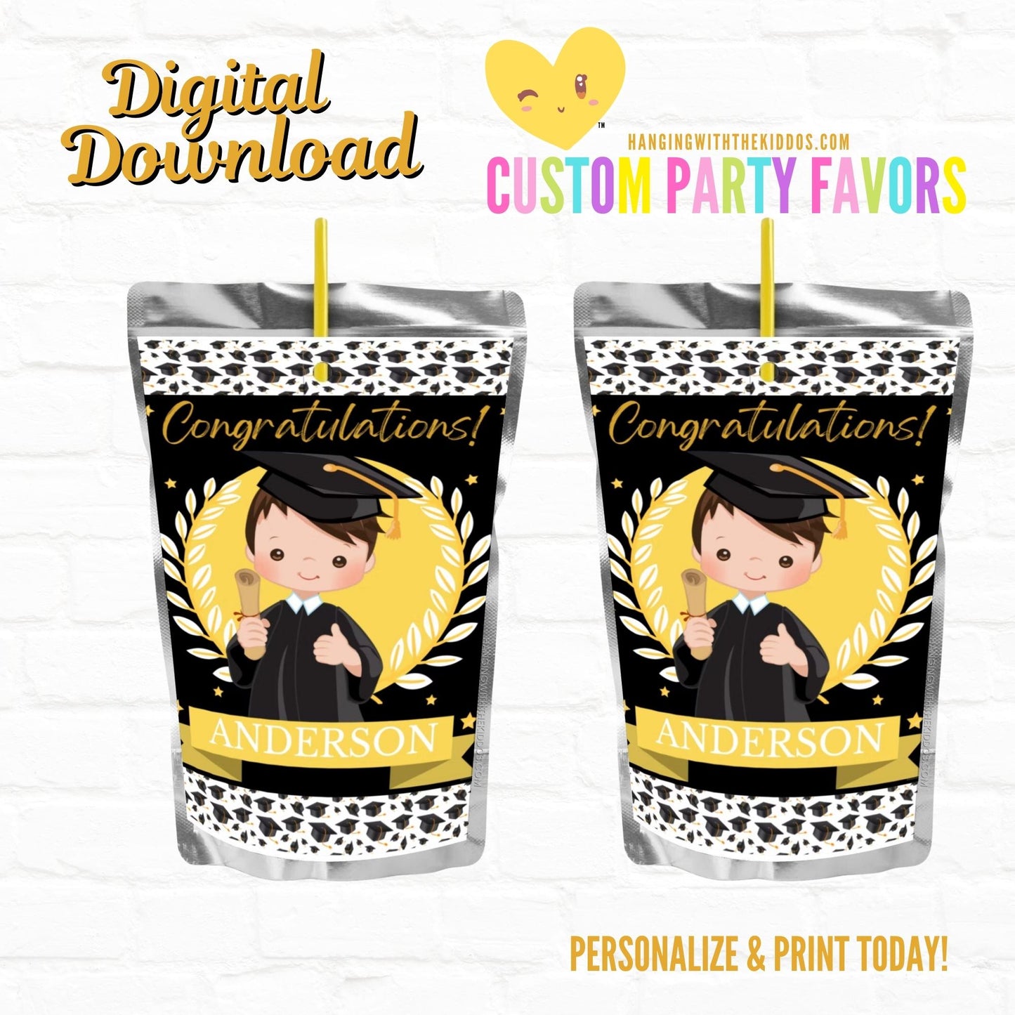 Graduation Party Custom Party Favors Juice Pouch Labels-Boy 04