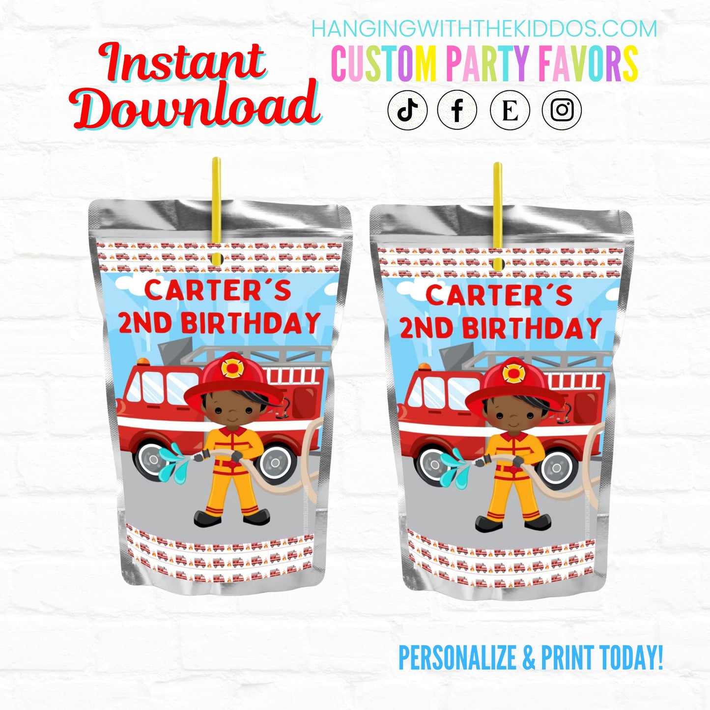 Firefighter Birthday Personalized Juice Pouch Labels| Instant Download