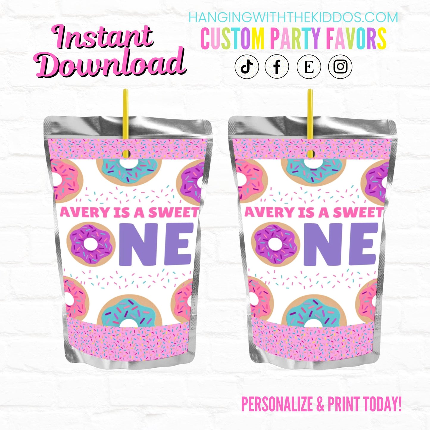 Donut Birthday Sweet One Personalized Juice Pouch Labels| Instant Download