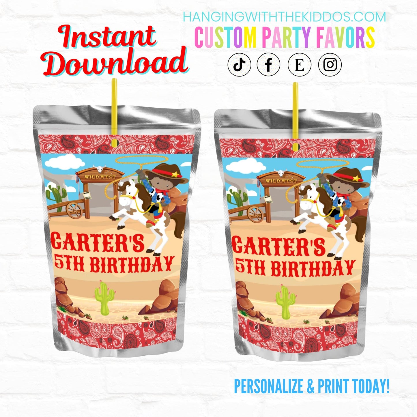 Cowboy Birthday Personalized Juice Pouch Labels | Instant Download