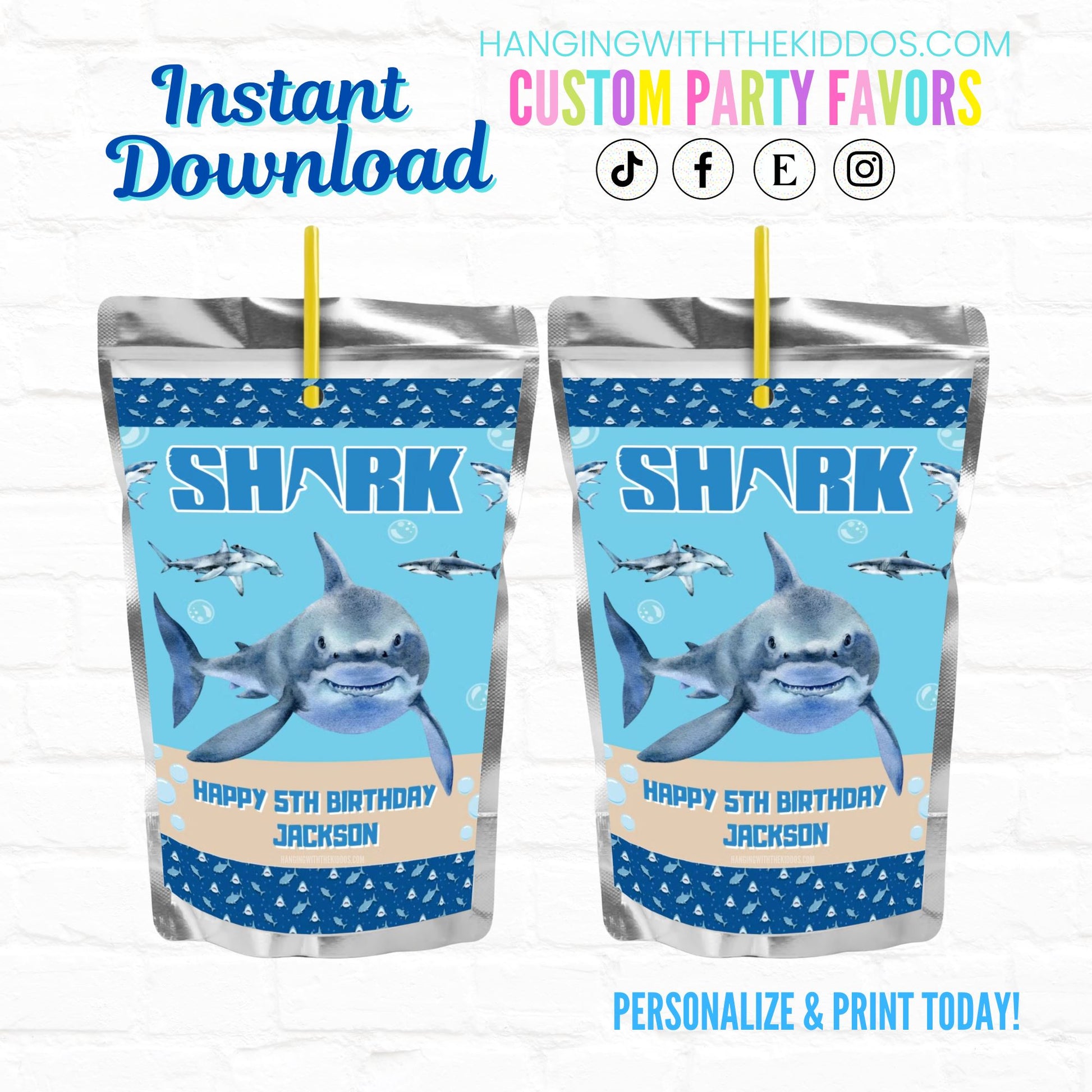 Shark Birthday Personalized Juice Pouch Labels| Instant Download