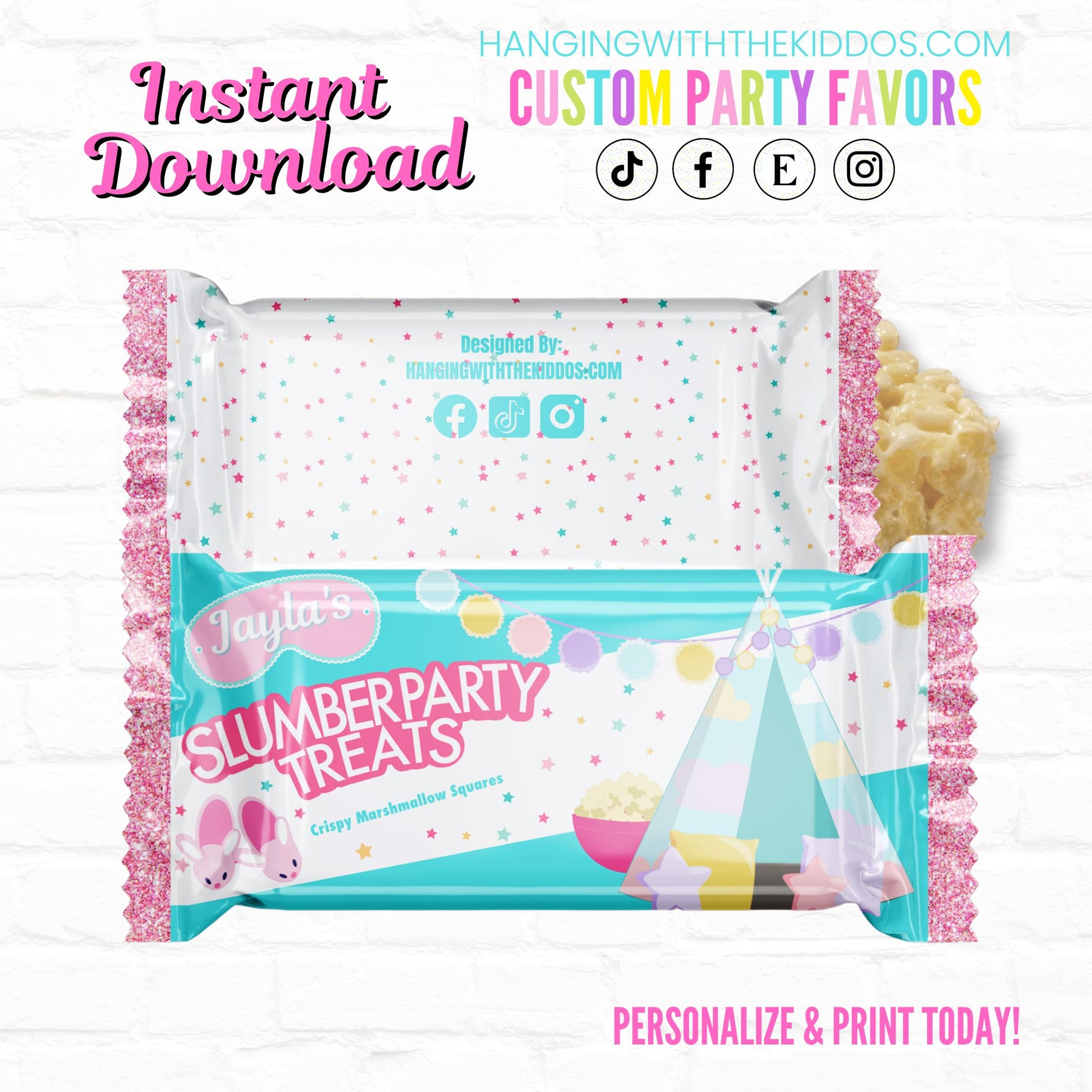 Tween Slumber Party Krispy Treats Wrappers Party Favors| Instant Download