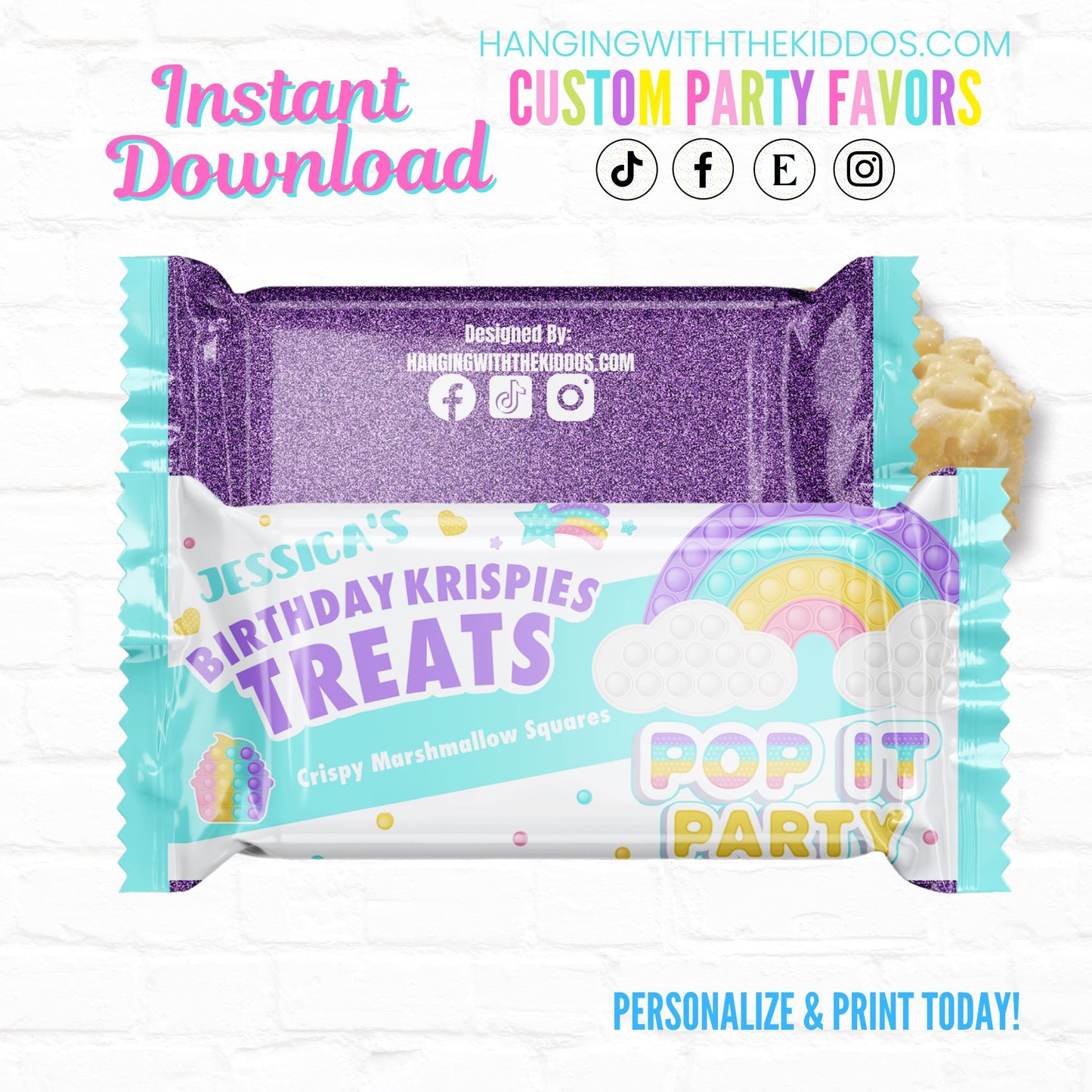 Pop It Birthday Personalized Party Favor Rice Krispy Treats Wrappers| Instant Download