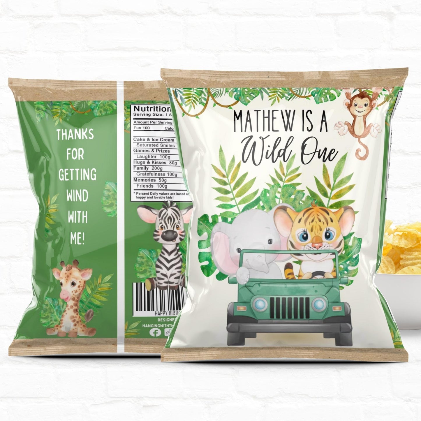 Safari Birthday Wild One Party Favor Personalized Chip Bag| Instant Download