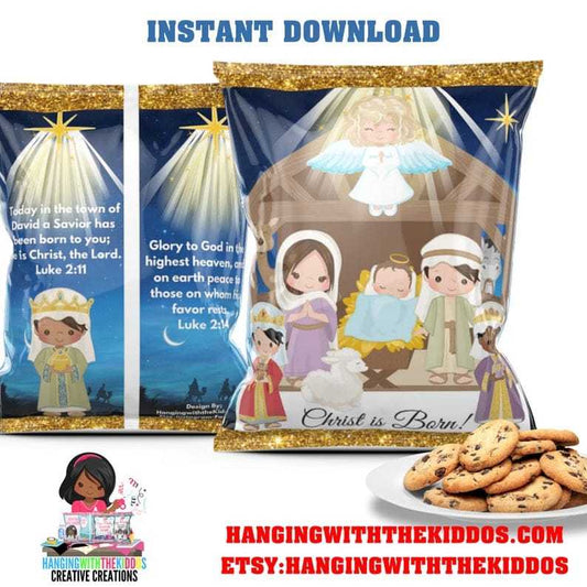 Christmas Party Nativity scene Goodie Bags | Cookie Bags | Chip Bags Template Printable