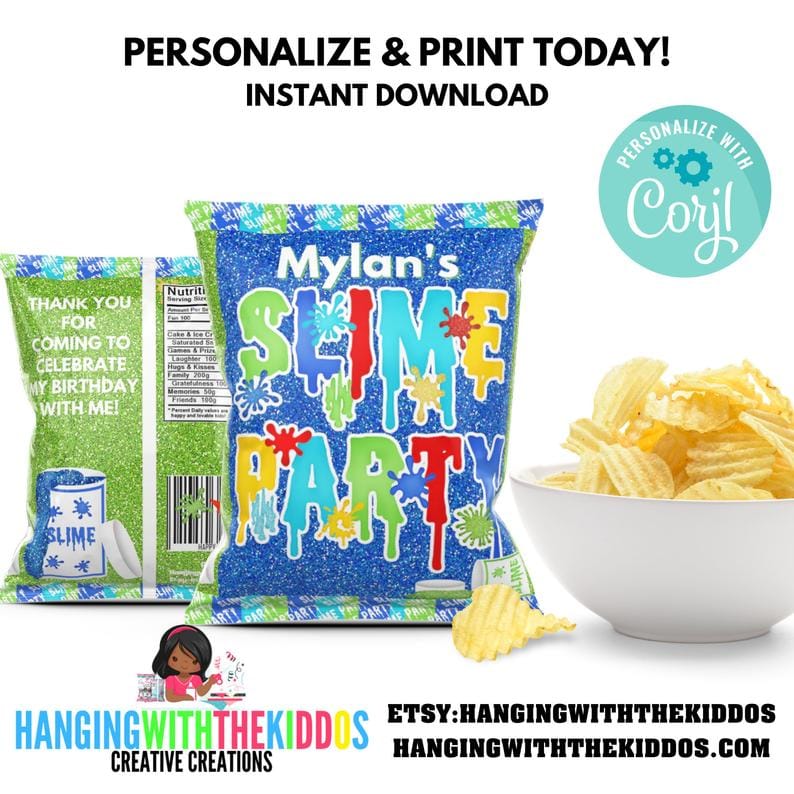 Slime Birthday Party Custom Treat Bags Favors | DIY Slime Party Chip Bags
