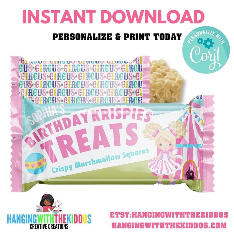 Personalized Pastel Carnival Circus Birthday Party Favors Rice Krispy Labels