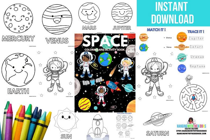 Outer Space Fun Activity Coloring Book| Space Coloring sheets Printable for Kids| INSTANT DOWNLOAD | Space Activity Coloring Pages