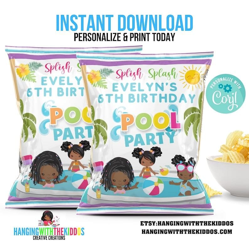 Girls Pool Party| Chip Bags Party Favors Bags| Summer Party Goodie bags Personalize & Print Today Get your Instant Download Now!