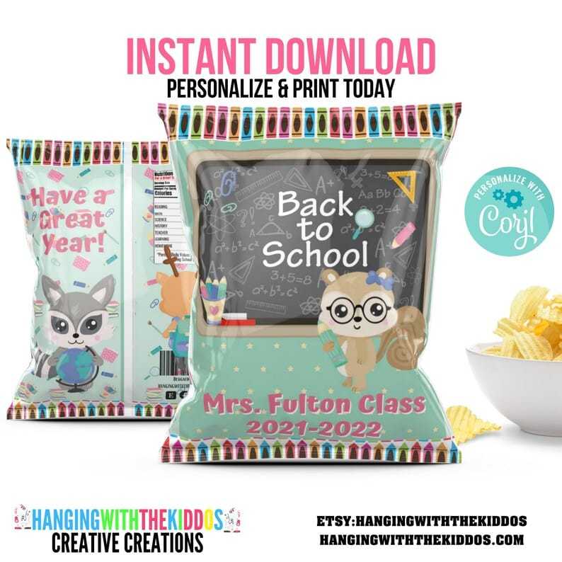 Back to School Chip Bags |Kid Desk Decor| First Day of School Printable Personalized Goodie Bags