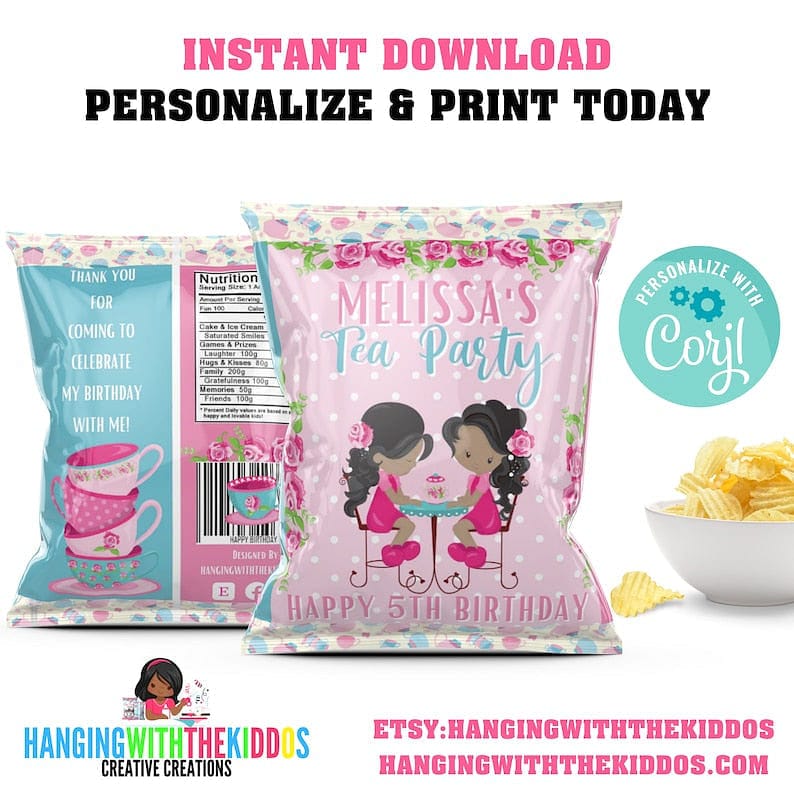 Tea Party Favors Birthday Rice Krispy Treats Wrappers Personalize & Print Today | Tea Party Decorations