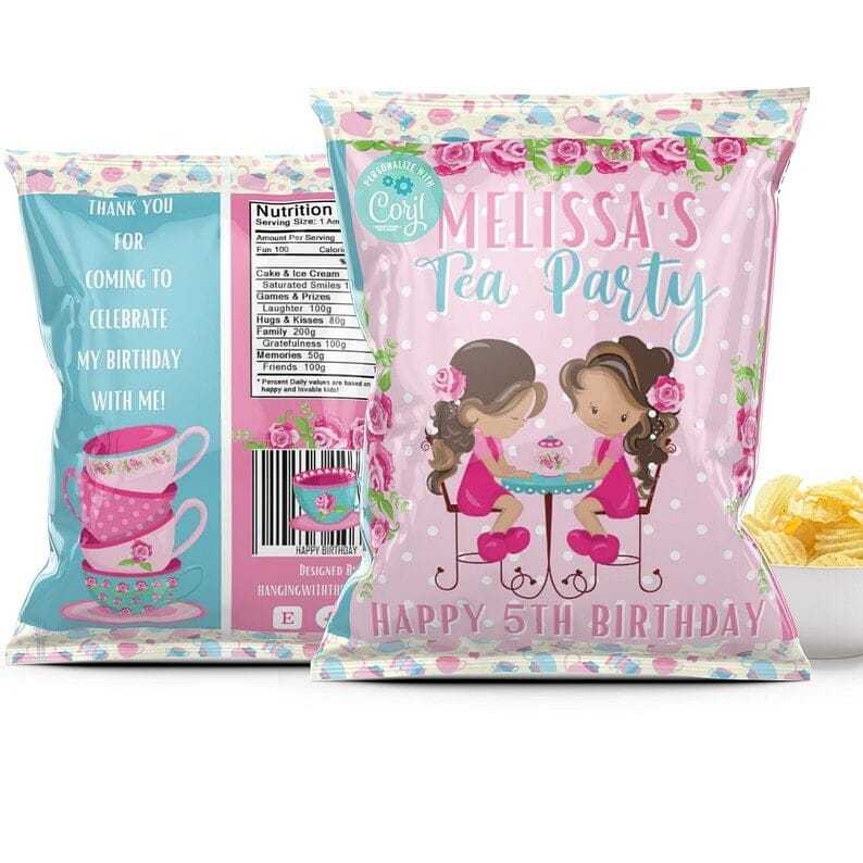 Tea Party Favors Chip Bags Goodie Bags| Tea Party Decorations| Personalize & Print Today