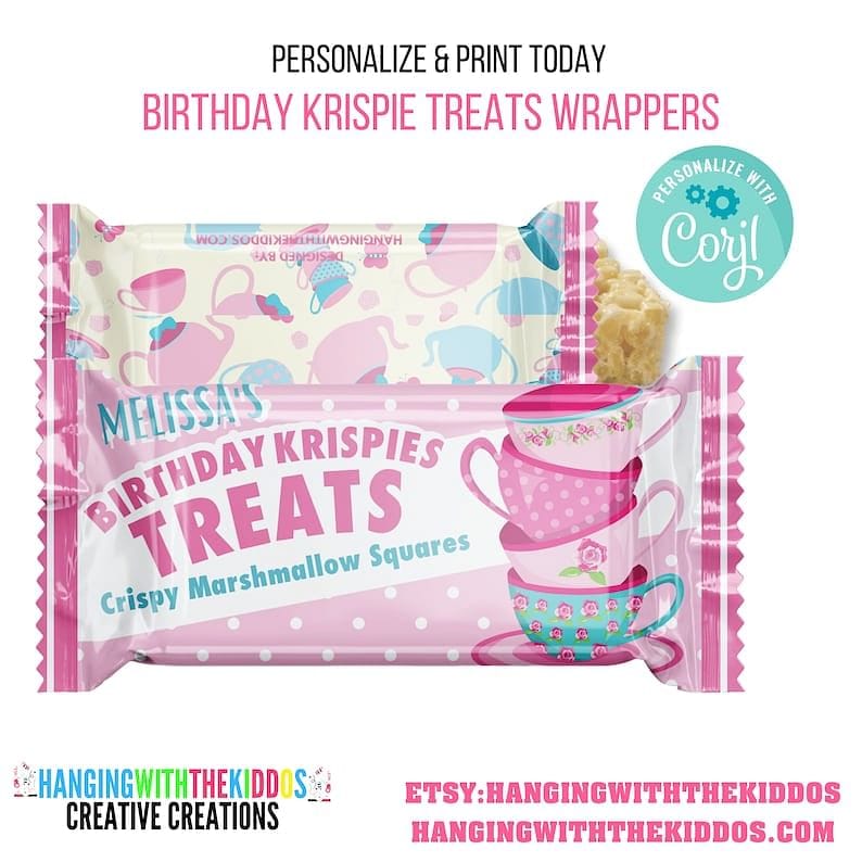 Tea Party Favors Birthday Rice Krispy Treats Wrappers Personalize & Print Today | Tea Party Decorations