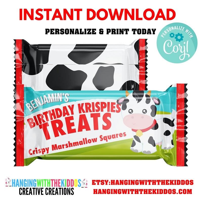 Cow Birthday Krispy Treats Personalize Wrappers| Cow Birthday Decorations Party Favors| Farm Party Instant Download
