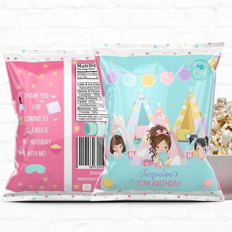 Tween Girls Slumber Party-Sleepover| Popcorn-Chip Bags Party Favors | Personalize & Print Today Get your Instant Download Now!