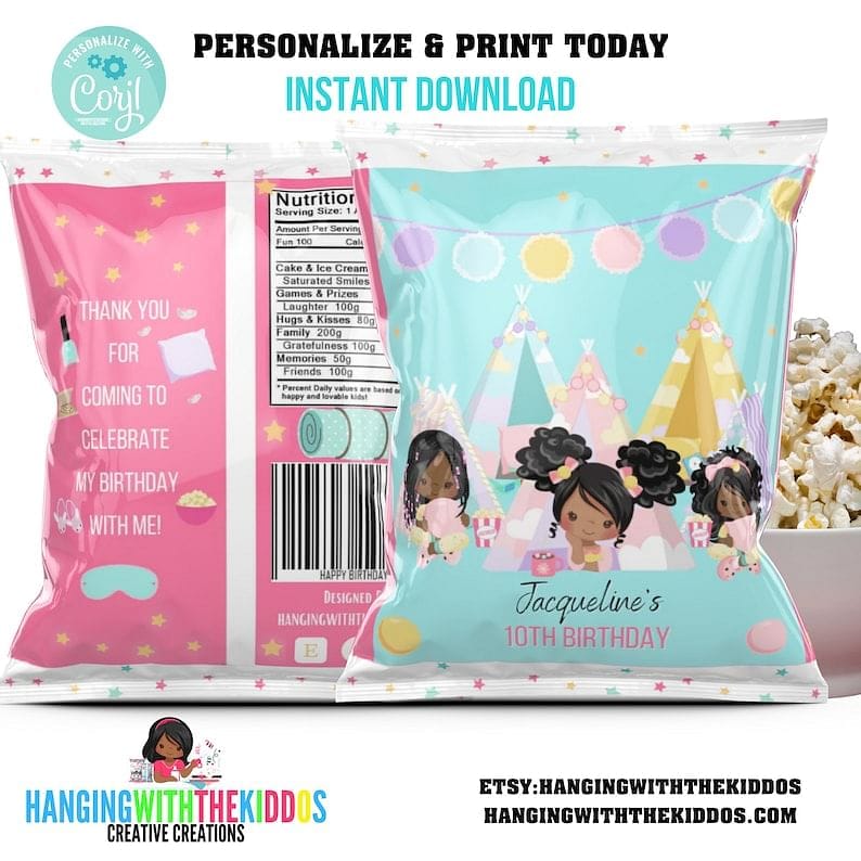 Tween Slumber Party-Sleepover| Popcorn-Chip Bags Party Favors | Personalize & Print Today Get your Instant Download Now!
