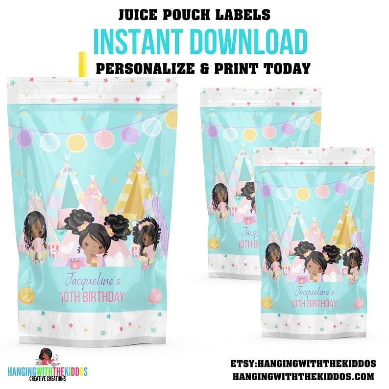 Tween Slumber Party-Sleepover| Drink Pouches | Personalize & Print Today Get your Instant Download Now!