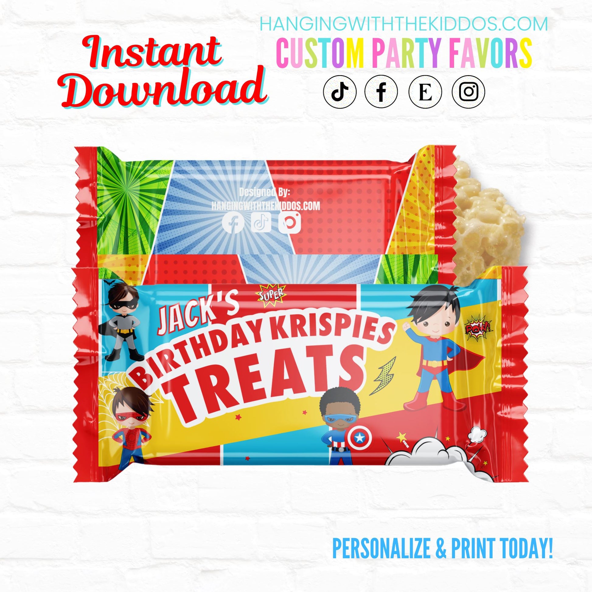 Superhero Birthday Personalized Rice Krispy Treats Wrappers| Instant Download