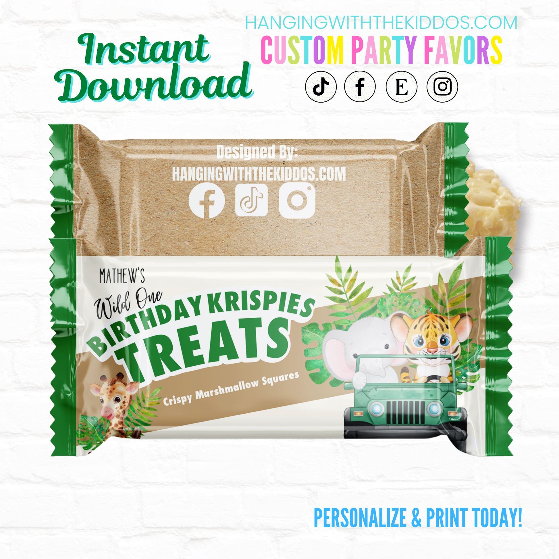 Safari Birthday Personalized Rice Krispy Treats Wrappers| Instant Download